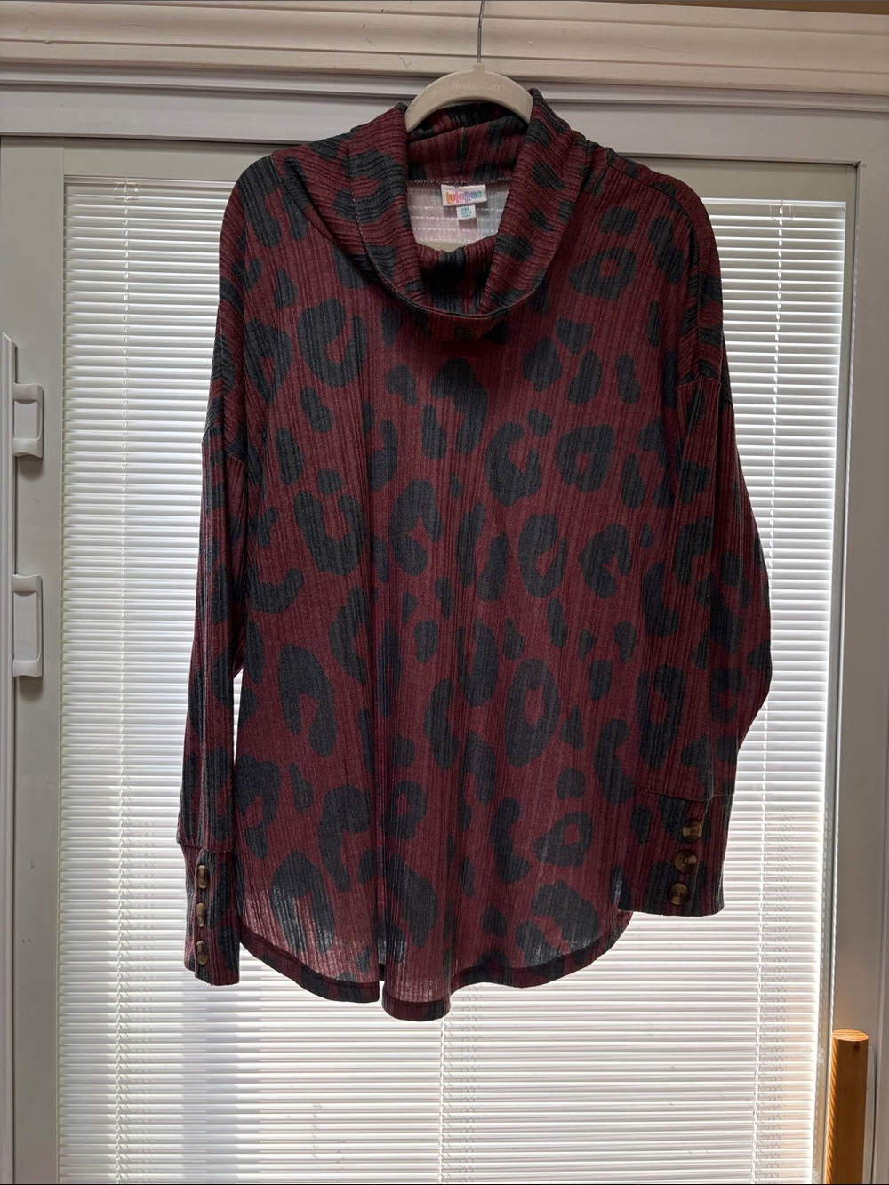 LuLaRoe Aubrey Cowl Neck Top in Burgundy and Black Leopard Print